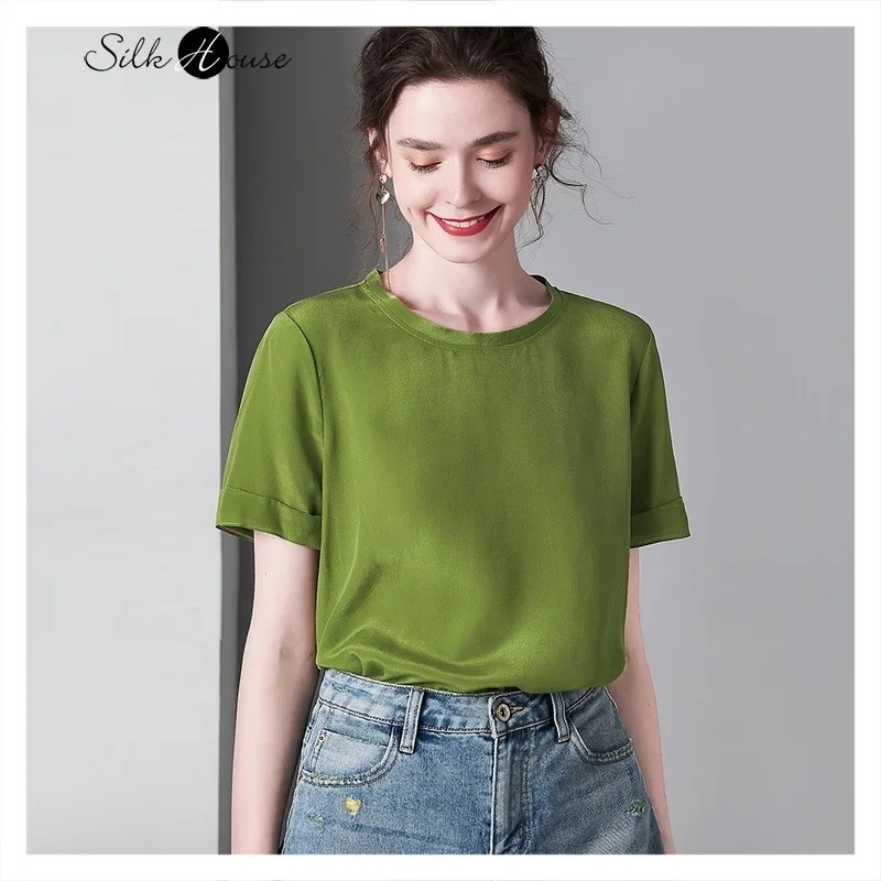 

Silk T-shirt Women's Simple All-match Solid Color Silk Top Temperament Women's round Neck Short-Sleeved Bottoming Shirt