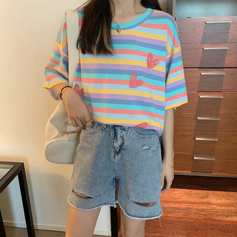 Женская футболка в радужную полоску свободный универсальный топ с коротким