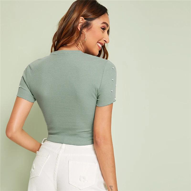 ROMWE Черный насыщенный салат отделкой жемчугом Бисер Crop Tee Для женщин Лето Элегантный Воротник-стойка футболки женские, облегающие Топы