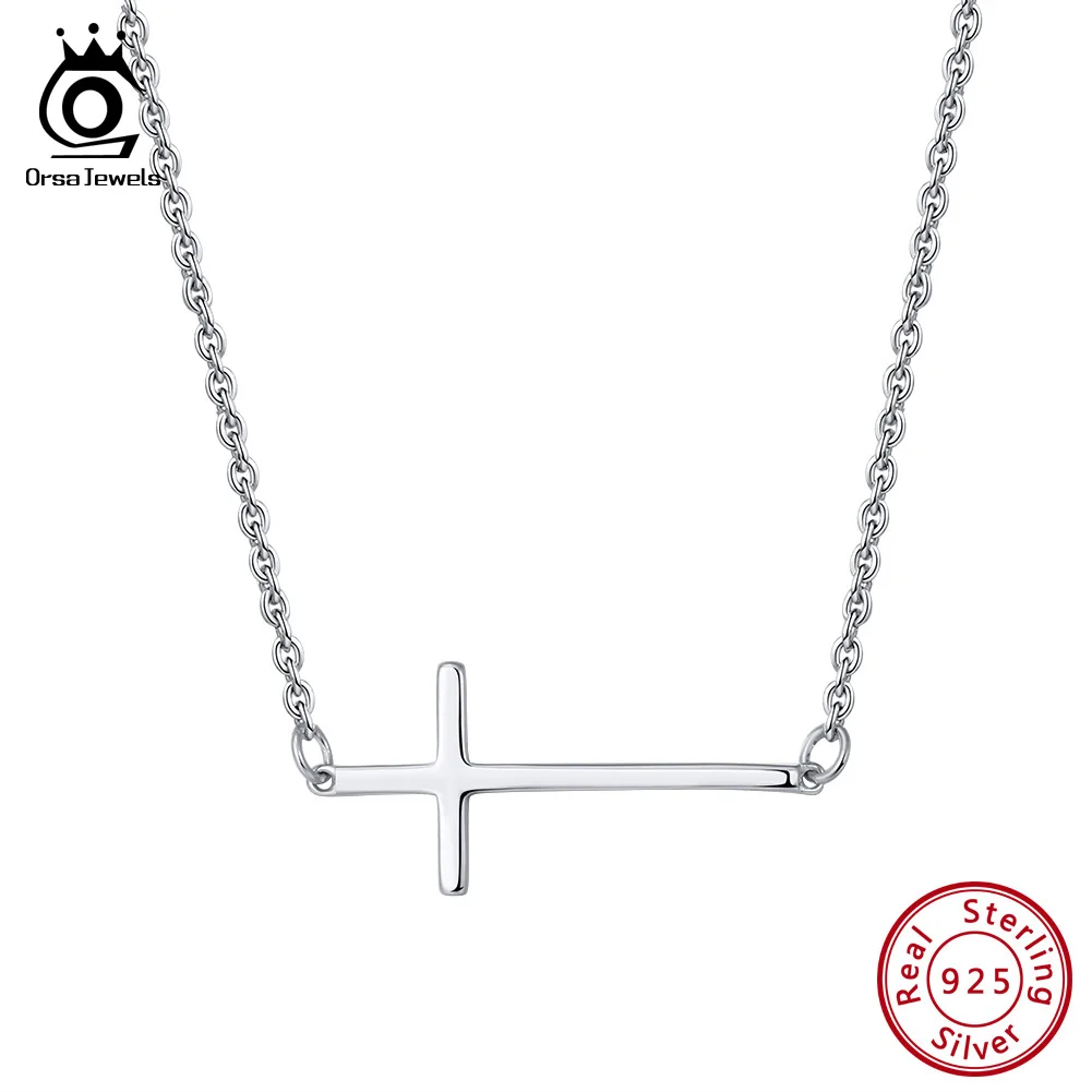 

ORSA JEWELS 100% Real 925 Sterling Silver Cross Necklace & Pendant Women Fashion Party Birthday Long Necklaces Jewelry SN110