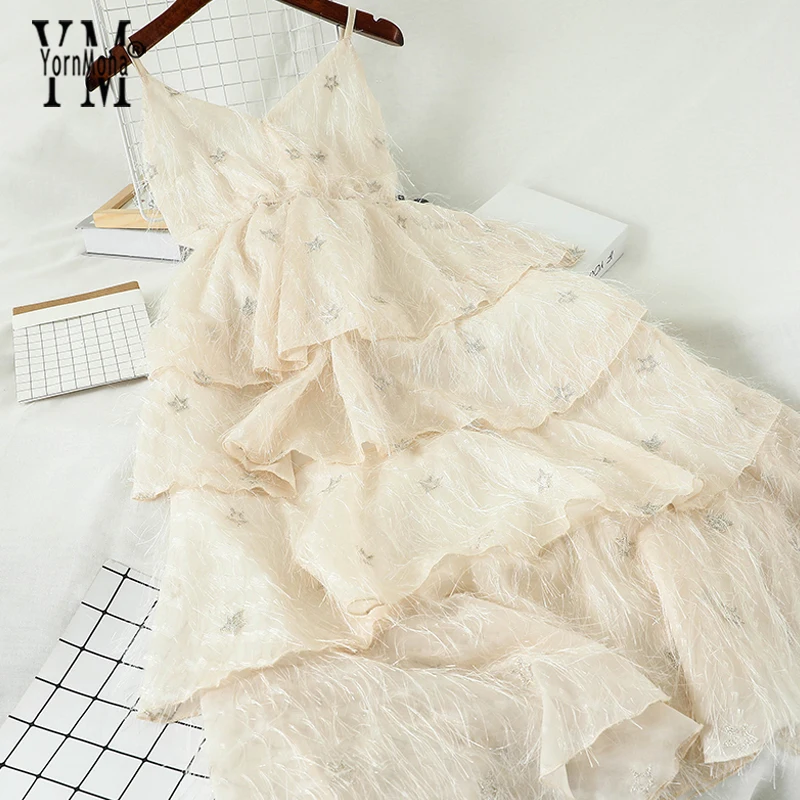 Женское длинное платье макси YornMona романтичное летнее на бретелях спагетти с