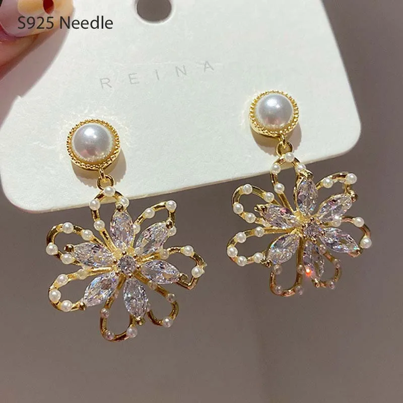 

Серьги-подвески женские из серебра 925 пробы с блестящими цветами и жемчугом