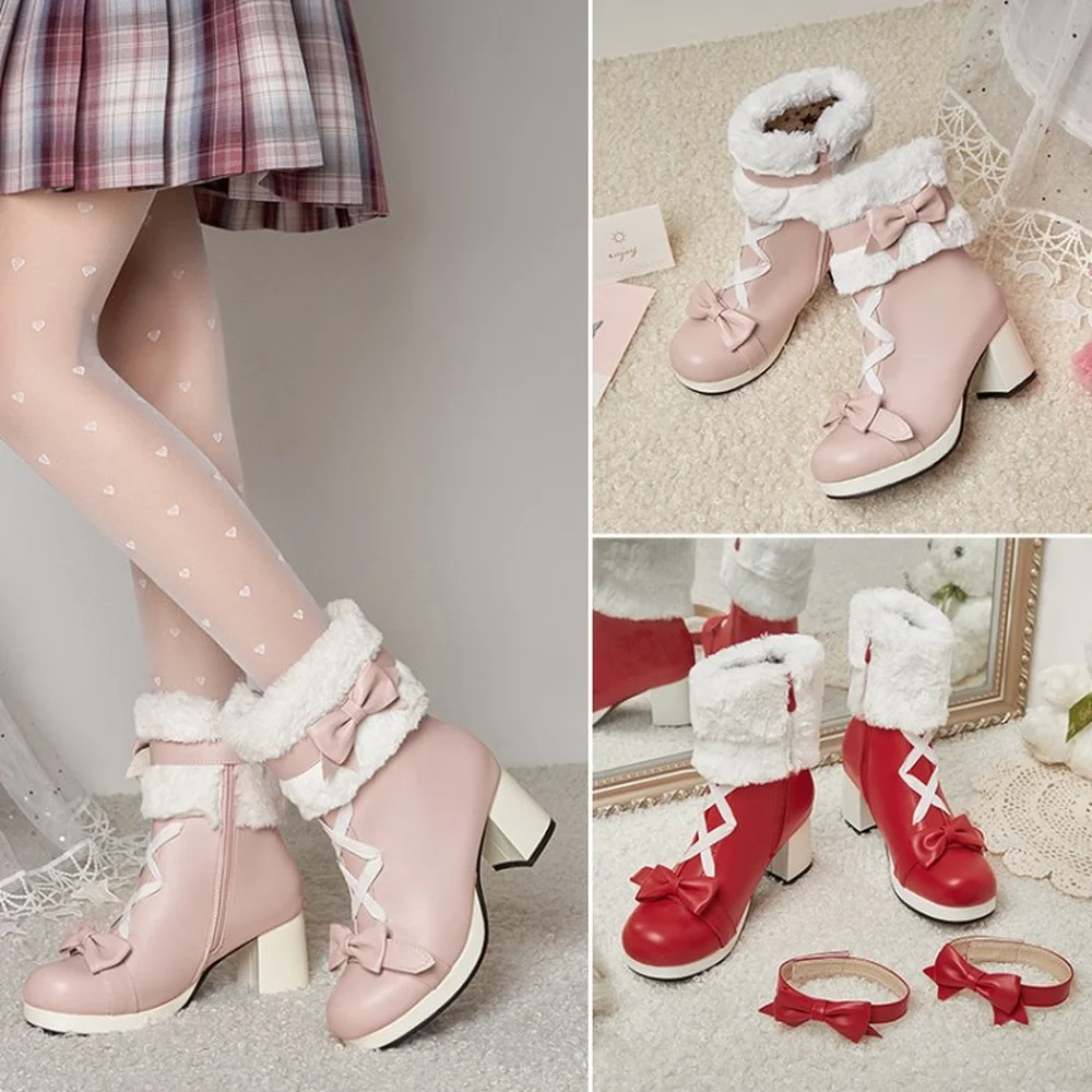 

OEING Womens Round Toe Bowknot Ankle Boots Block High Heel Fur Tube Shoes Thick Lolita Sweet Cosplay X-mas Gift Girls Size 28-43