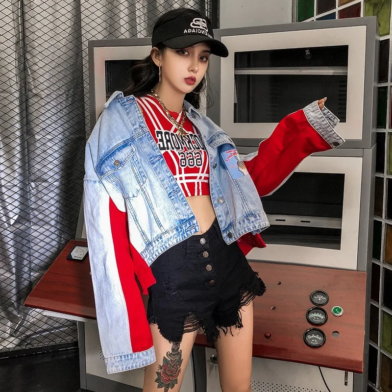 Женская джинсовая куртка DAYIFUN повседневная короткая красного и синего цвета с