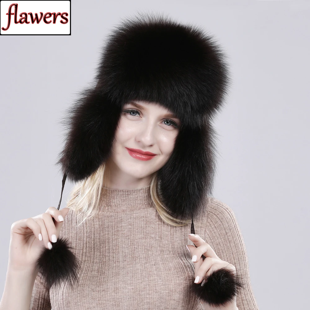 

Lady New Style Genuine Real Fox Fur Hat Fashion 100% Natural Real Fox Fur Cap Women Casual Warm Russia Real Fox Fur Bomber Caps