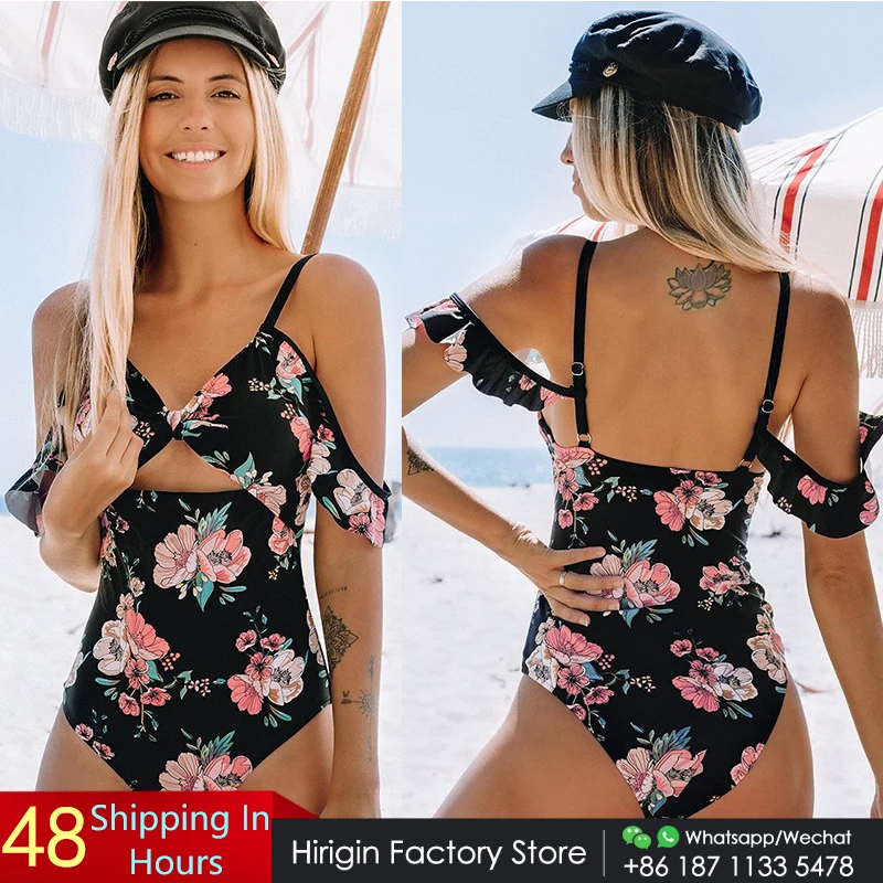 Hirigin High Wasit Sexy Flower One Piece Swimming Suit Women Swimweat 2020 New Hollow Out Ruffles Push Up Padded Bathing |