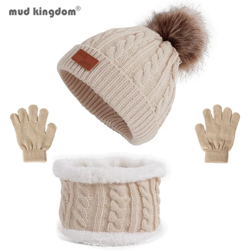 

Mudkingdom 3Pcs Boys Girls Hat and Gloves and Scarf Set Knit Fleece Lined Pompom Warm Outdoor Play Cap Suit for Children Clothes