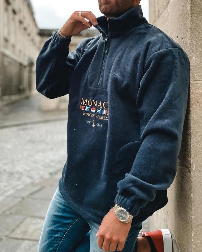 

warm sweater men's spring and autumn letter embroidery graphic button shirts long-sleeved hip-hop men's streetwear T-shirt tops