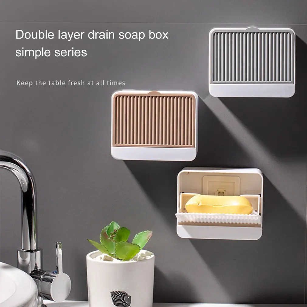 

New Creative Wall Mounted Soap Box With Lid Soap Draining Rack Bathroom Clamshell Bar Soap Holder With Drain And Water Tray