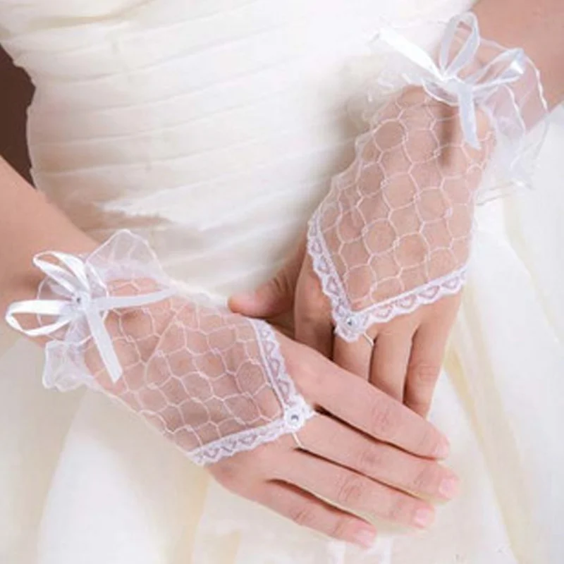 

1 Pair Women Lace Wedding Gloves Net Yarn Bow Knot Fingerless Bridal Gloves Wedding Decoration Accessories Favors 3 Colors