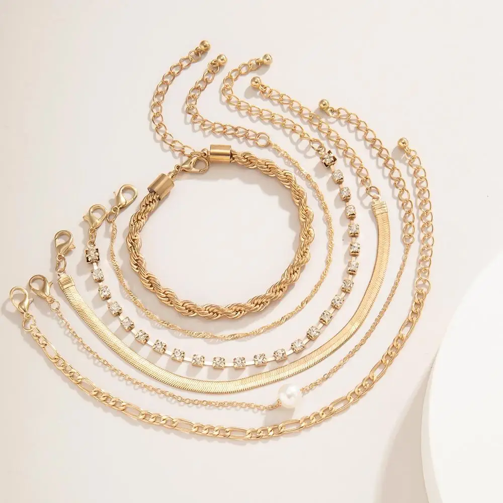 

5PCS Bracelets for Girls Gold Color Chain Luxury Rhinestone Anklet Bnagels Charm Bracelets for Women Couple Bracelet Set Jewelry