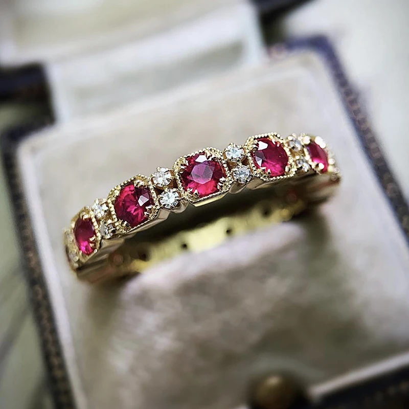 

Vintage Rose Red Cz Finger Rings for Women Gold Color Ring Bright Female Accessories Party Anniversary Gift Newly Jewelry
