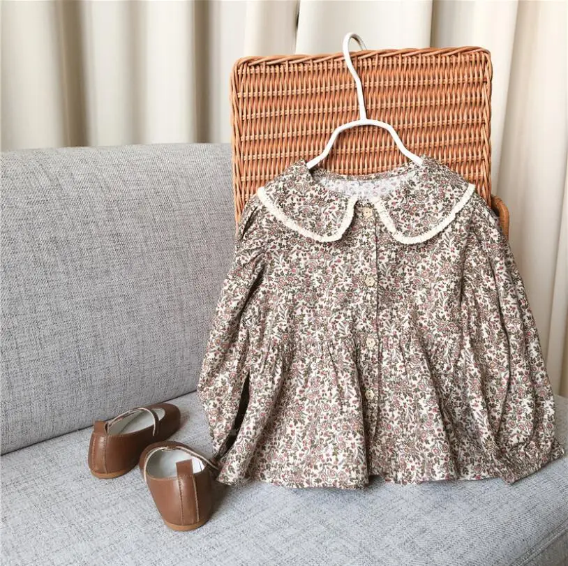 

Винтажная Цветочная рубашка для маленьких девочек, детские топы с длинным рукавом для девочек, блузка, милая рубашка с лепестковым воротник...