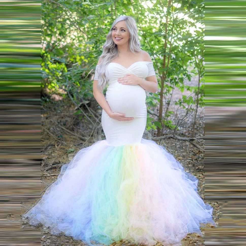 Elegant Mermaid Maternity Dresses Women Sweetheart With Colorful Train Tulle Skirt For Party Pregnant Prom Gown Photo Shoot