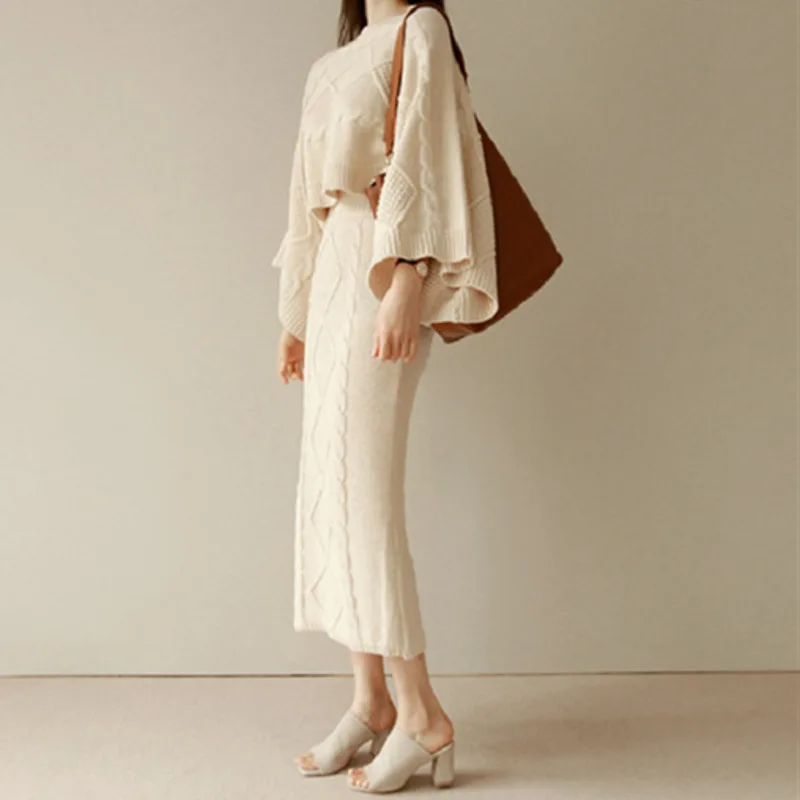 

Autumn Twist Pattern Batwing Sleeve Solid Sweater High Waist Split Skirt Knitted Two Piece Suit Female U440