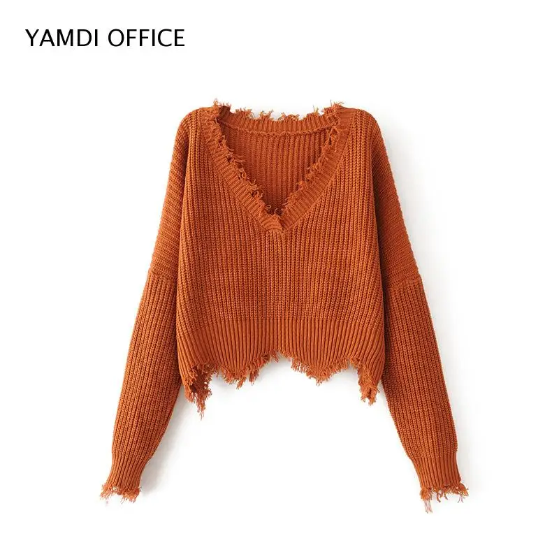 YAMDI 2019 NEW women tassel sweater autumn winter solid orange white black sweaters cropped jumpers v neck sexy knitted pullover | Женская