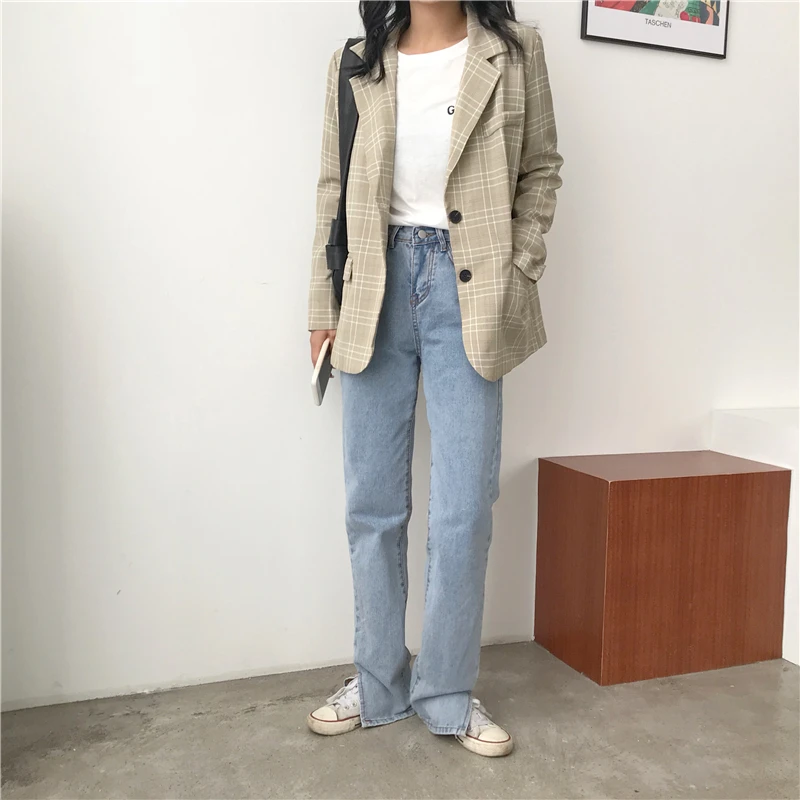 

New 2020 Autumn Winter Women Blazers And Jackets Oversize Plaid Casual Buttons Pockets Ladies Jackets Notched Vintage Wild Tops