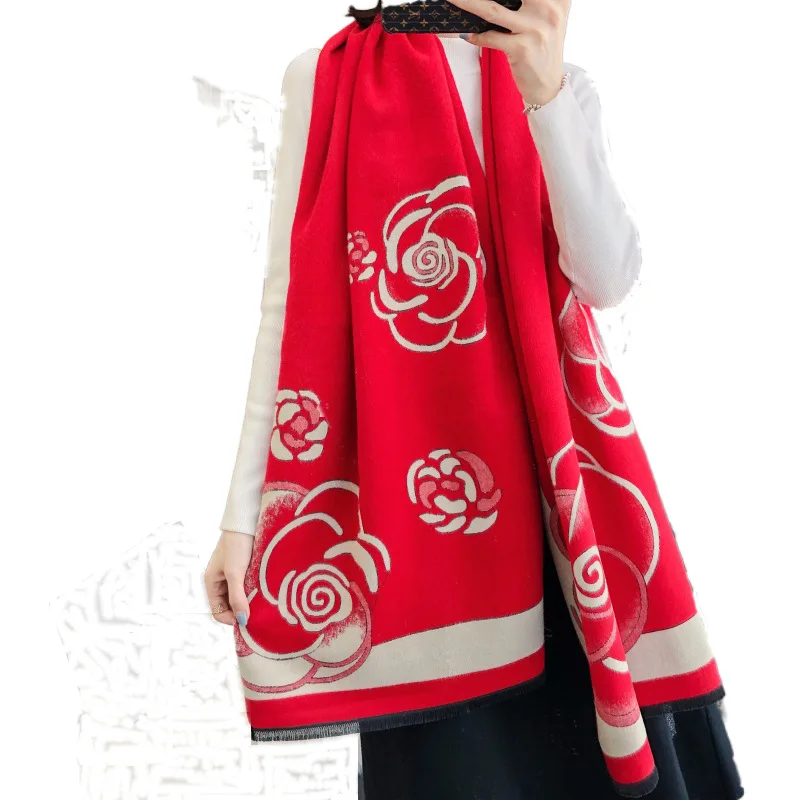 

2020 Winter Women Scarf Cashmere Warm Thicken Shawls and Wrap Fashion Camellia Print Lady Double Side Pashmina Blanket Bandana