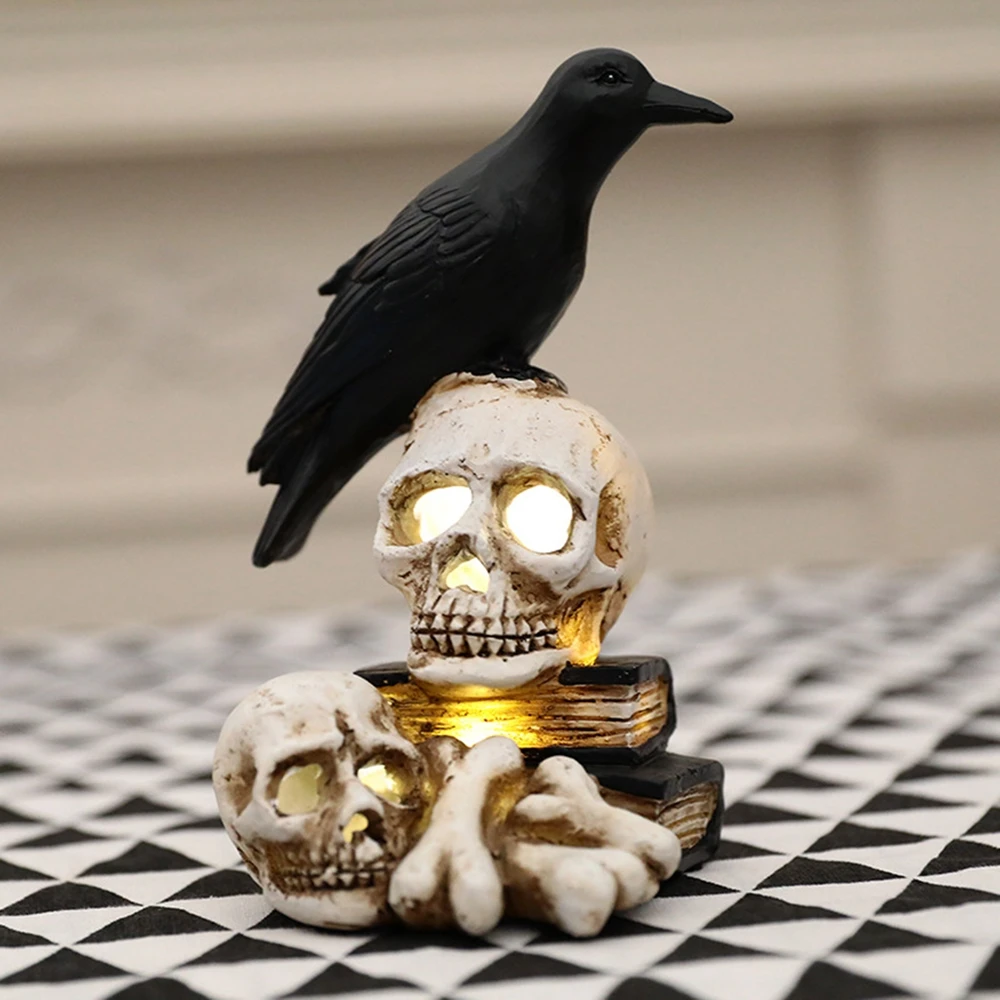

Skulls And Crow Statue Decoration with Built-in Warm White Lights Halloween Gift Halloween Figurines Decoration