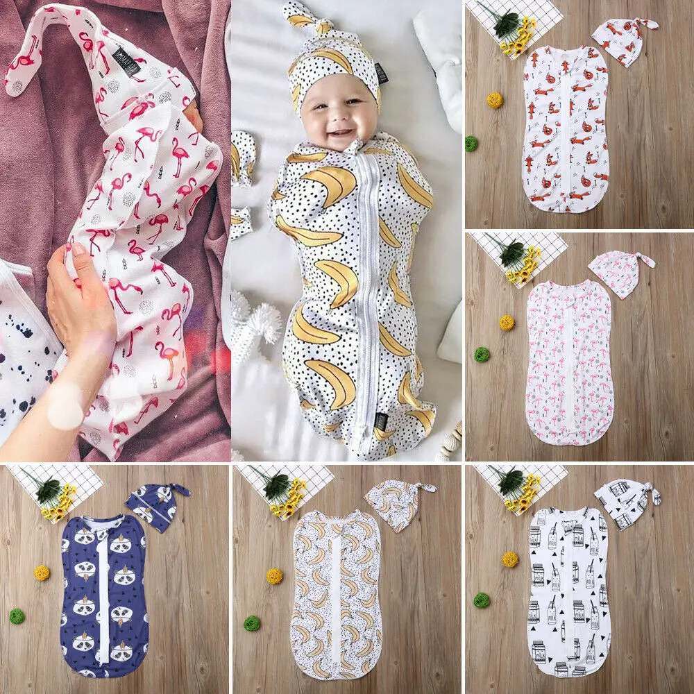 Baby Sleeping Bags Newborn Baby Cotton Zipper Swaddle Blanket Wrap Sleeping Bag +Hat 2pcs Size 0-6M