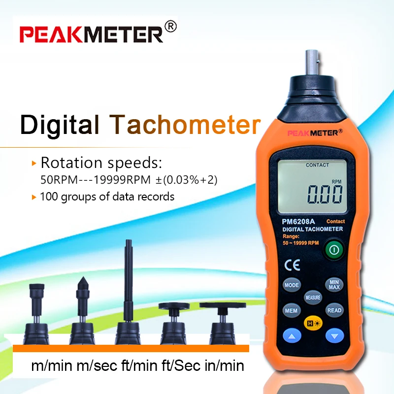 HYELEC MS6208A контактный цифровой тахометр Многофункциональный измерительный прибор Высокая производительность 50-19999 ОБ/мин Макс