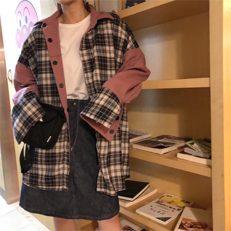 Harajuku стиль куртка оверсайз Женщины обе стороны могут носить хип хоп Уличная плед пальто пэчворк и куртки женщины