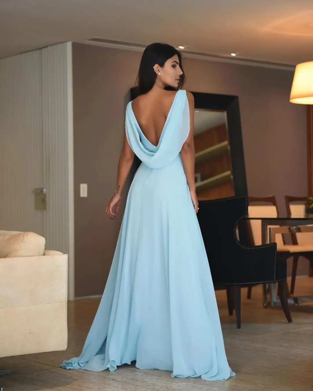 

2020 Hot Sale Cheap Sky Blue Evening Dresses Backless New Sleeveless V-Neck Split A-line Sexy Lady Party Gown Dress Custom made
