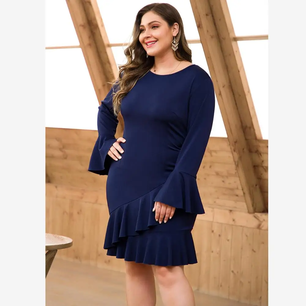 WHZHM темно синие обтягивающие вечерние платья Femme с оборками и круглым вырезом