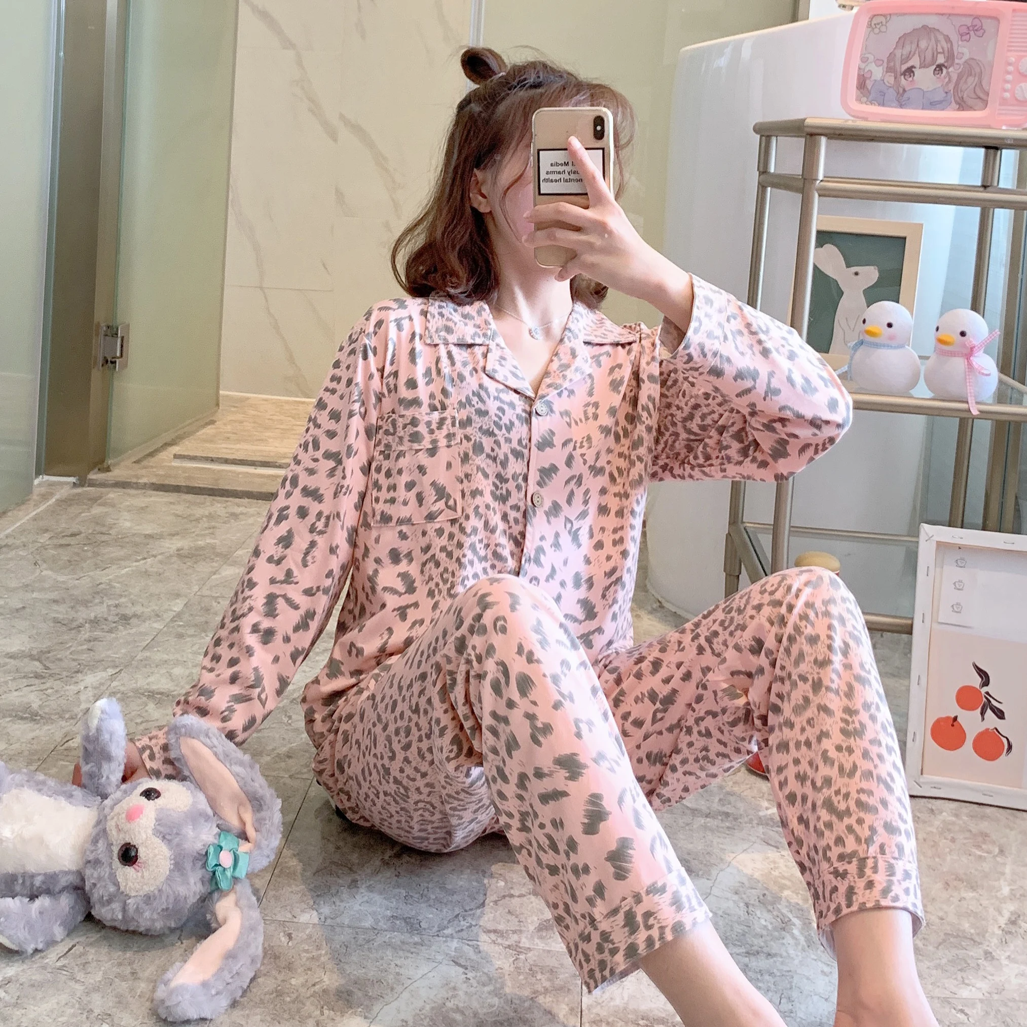 

2021 New Net Red Pajamas Women Spring And Autumn Cotton Sleepwear Cardigan Leopard Print Long-sleeved Student Homewear Pyjamas