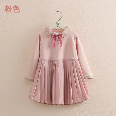 Baby Kids Academy Wind Dress Spring Fall Girls Cotton Long Sleeve Pleated Dresses Children's Preppy Style Bow Spliced P64 | Детская