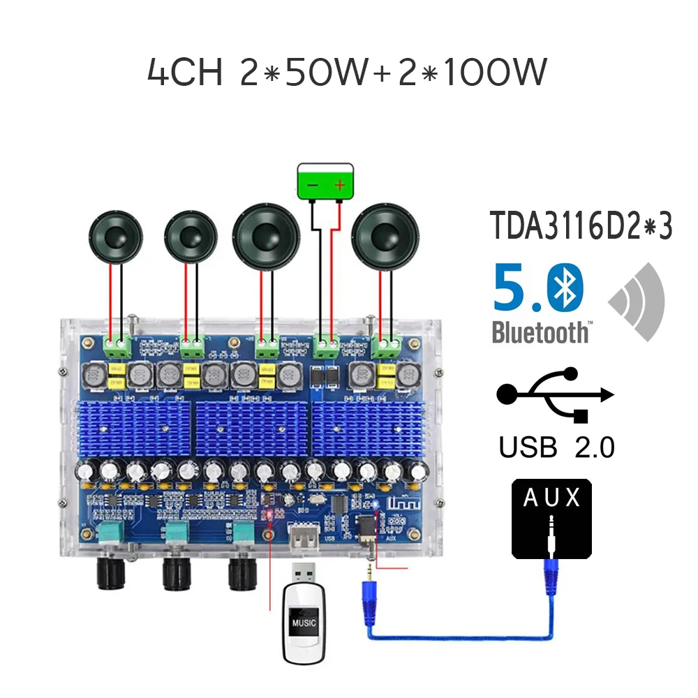 Плата цифрового усилителя Bluetooth 5 0 USB2.0 AUX 3 TDA3116D2 4 канала двойной бас двойная