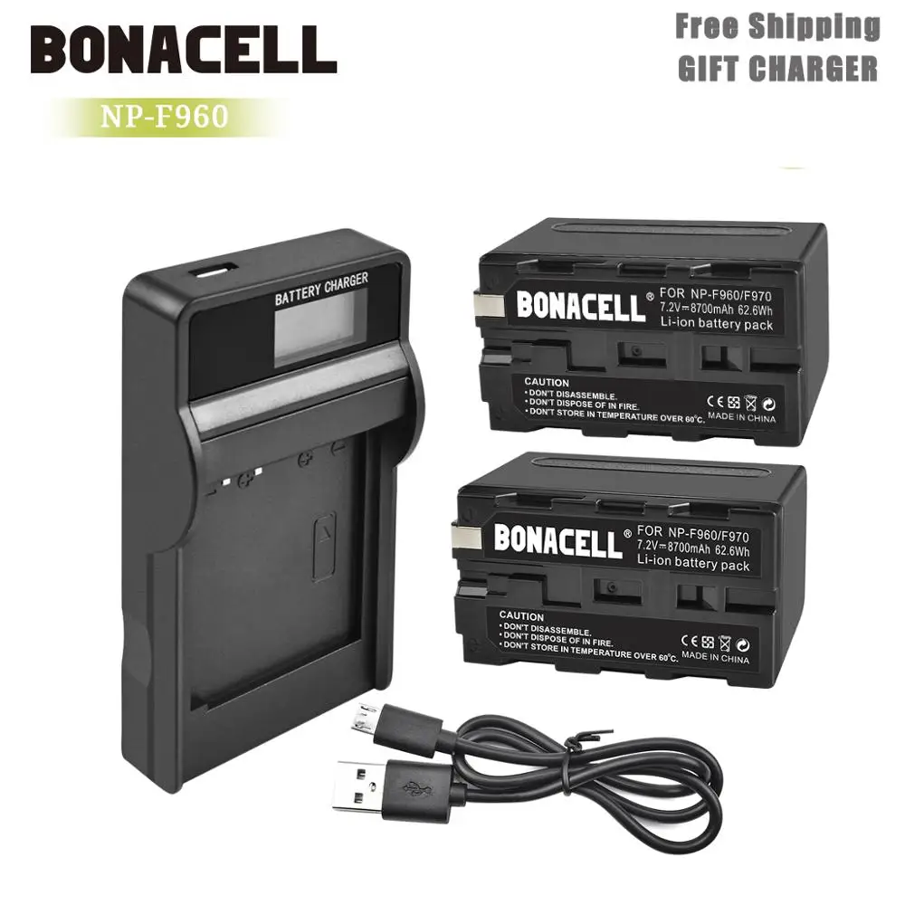 Bonacell 8700 мА/ч, NP-F960 NP-F970 Батарея+ ЖК-дисплей Зарядное устройство для SONY F960 F550 F570 F750 F770 MC1500C 190P 198 F950 HD1000C L50 - Цвет: 2X Battery-Charger