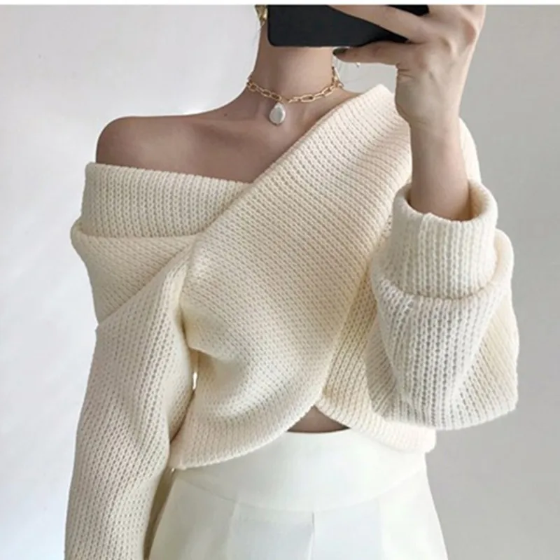 HziriP 2020 OL Sexy Crop Tops Loose Sweater Woman Long Sleeve V Neck Solid Women Sweaters And Pullovers Knitted Jumpers Female | Женская