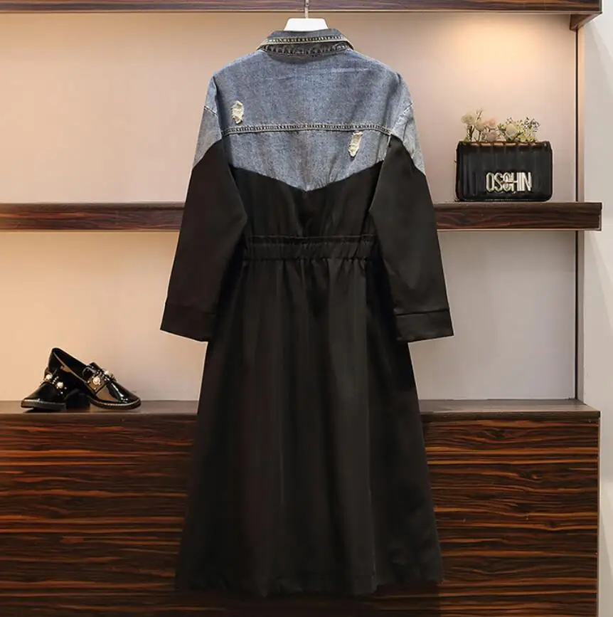 4XL Осенняя Новая модная длинная джинсовая куртка-ветровка с дырками