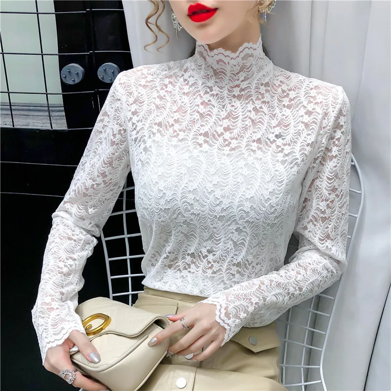 

Sexy Women Mesh Lace Base Shirt Long Sleeve Transparent Base Blouses Shirts Lady Spring Autumn Turleneck Undershirts Tops Femme