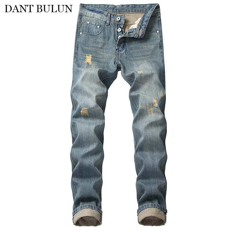 Джинсы мужские потертые рваные брюки прямого покроя хлопок на пуговицах модные