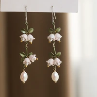 green leaves drop earrings for women girls elegant long white flower pearl pendientes jewelry