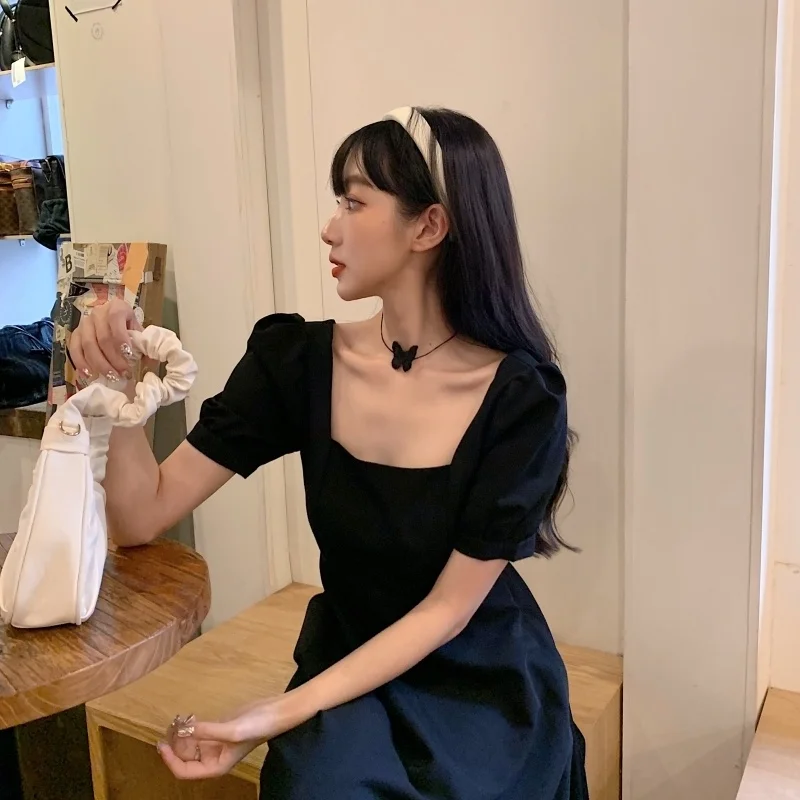 

Hepburn Black Dress Slimming French Style Retro Elegant Square Collar