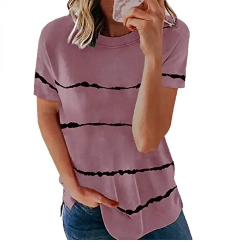 

2021 Summer New Women Shirt Fashion Casual Loose Large Size Female Blouse O-Neck Solid Striped Short Sleeve Ladies Shirt