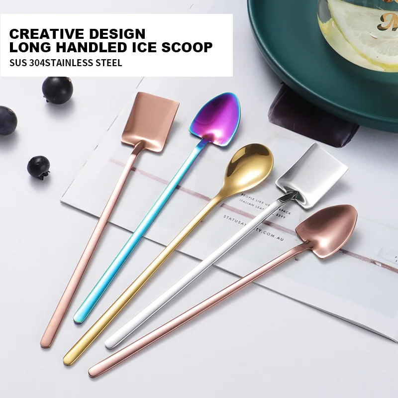 

Creative Dessert Square Shovel Spoon Stainless Steel Ice Cream Coffee Spoons Mug Long Handle Teaspoons Tableware Bar Accessories
