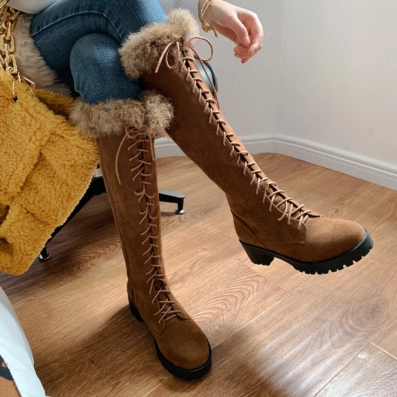

Women's Fur Knee High Boots Winter 2020 Woman Warm Low Heels Big Size 45 Women Lace Up Flock Ladies Short Plush Female Shoes