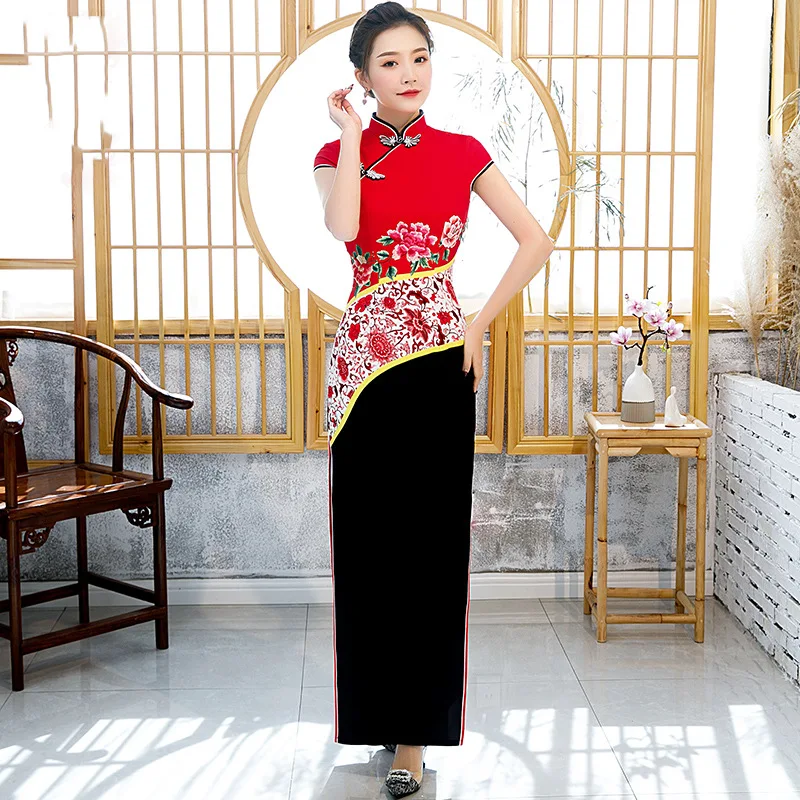 

Elegant New Women Long Fork Sexy Print Qipao Chinese Traditional Mandarin Collar Gorgeous Lady Cheongsam Plus Size 5XL