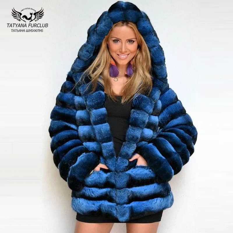 2022 Fashion Real Chinchilla Color Rex Rabbit Fur Coat With Hood For Women Winter Outwear Thick Warm Genuine Fur Jackets Natural