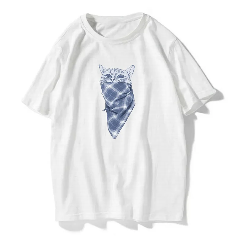 2019 летняя футболка с забавным принтом кошка в маске Женская свободная коротким