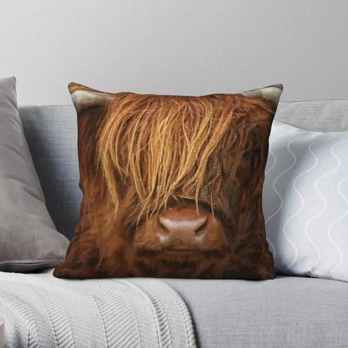 Highland Cow Oil Painting Pillowcase Polyester Linen Velvet Printed Zip Decor Throw Pillow Case Sofa Cushion Cover