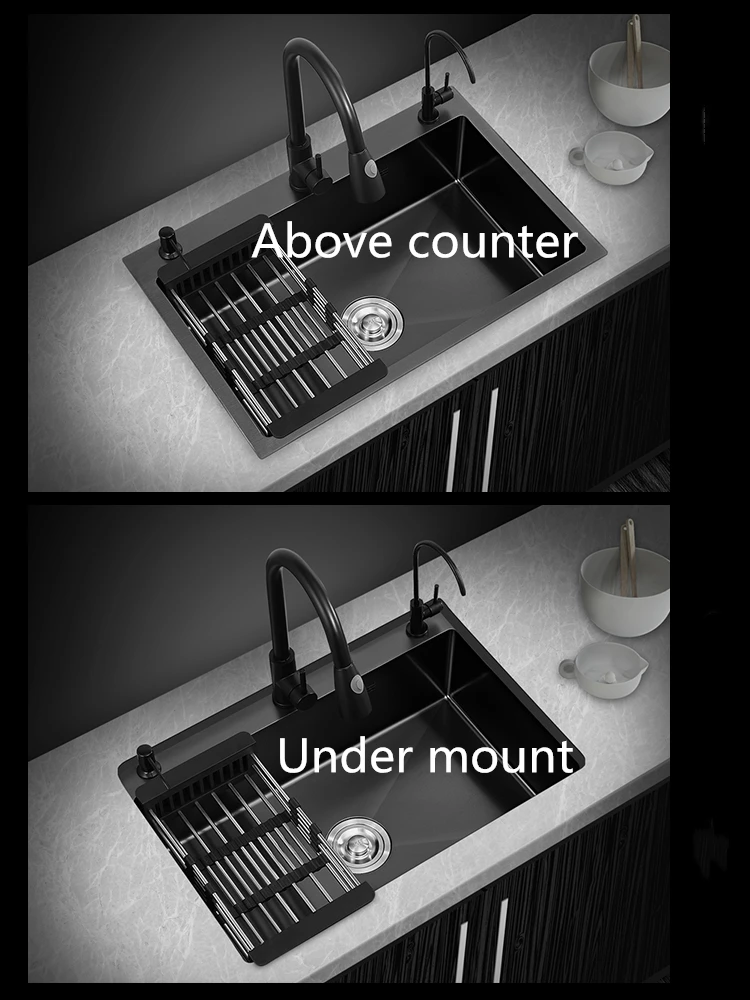 

Black Kitchen Sink Nano Sink Single Bowl Household 304 Stainless Steel Large Sink Under Counter Basin With Faucet Above Counter