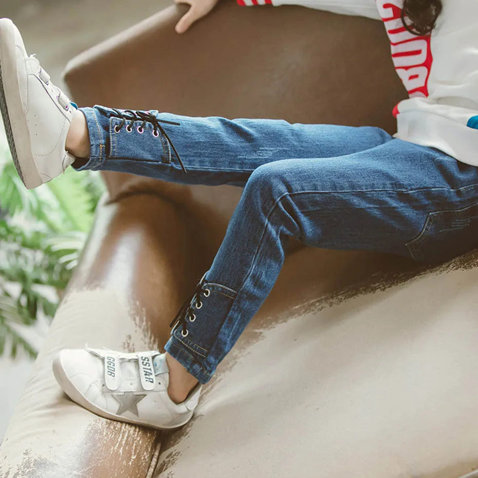 Джинсы для девочек модные джинсы в стиле пэчворк с бантом на завязках детей