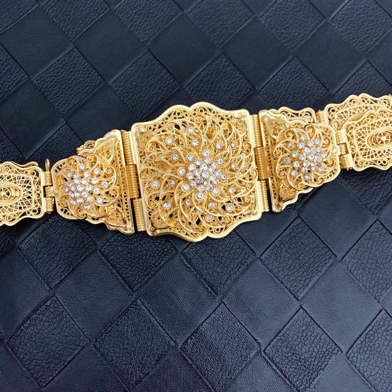 

Arabic Designer Belts for Women Luxury Wedding Belt Crystal Flower Long Chain Bridal Dress Belt with Gold Trendy Wedding Belts