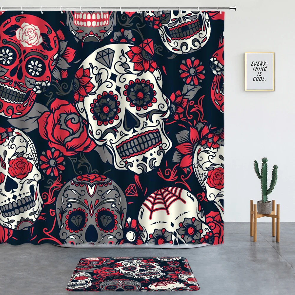 

Flower Skull Print Shower Curtains Set Halloween Non-slip Rug Bohemian Mandala Bathroom Decor Screen Bath Mats Entrance Door Mat