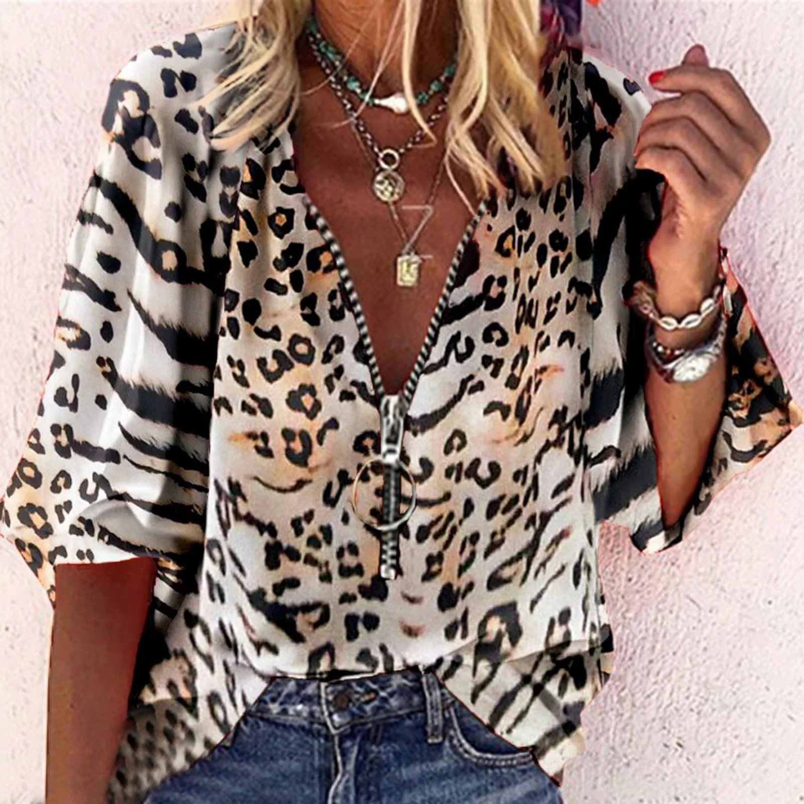 

Women Leopard Print Blouse Casual Zipper Printed Loose Button Tunic Shirt Blouse Tops Блузка Женская Blusas Mujer Top 2021 R5